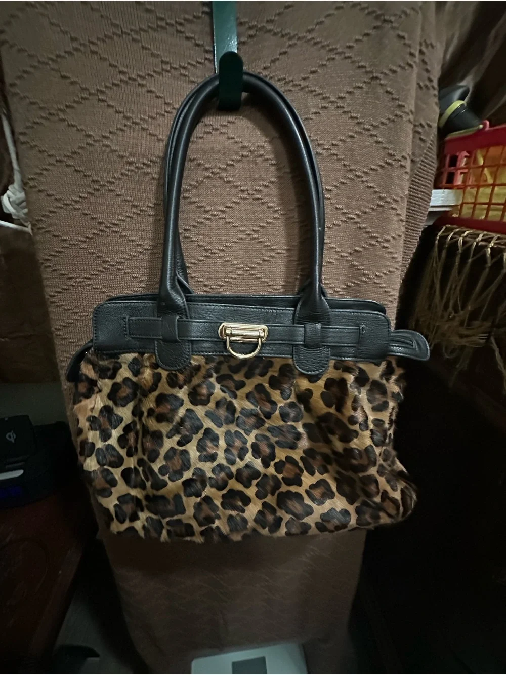Leopard Print Faux Fur Tote with Black Trim